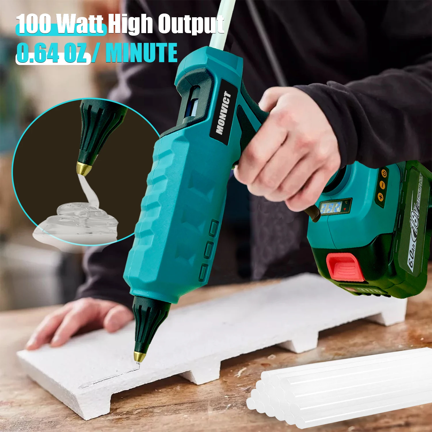 Cordless Glue Gun Hot Glue Gun 100W Cordless Glue Gun for Makita 20V Battery Digital Temperature Adjustable with 10 Glue Sticks