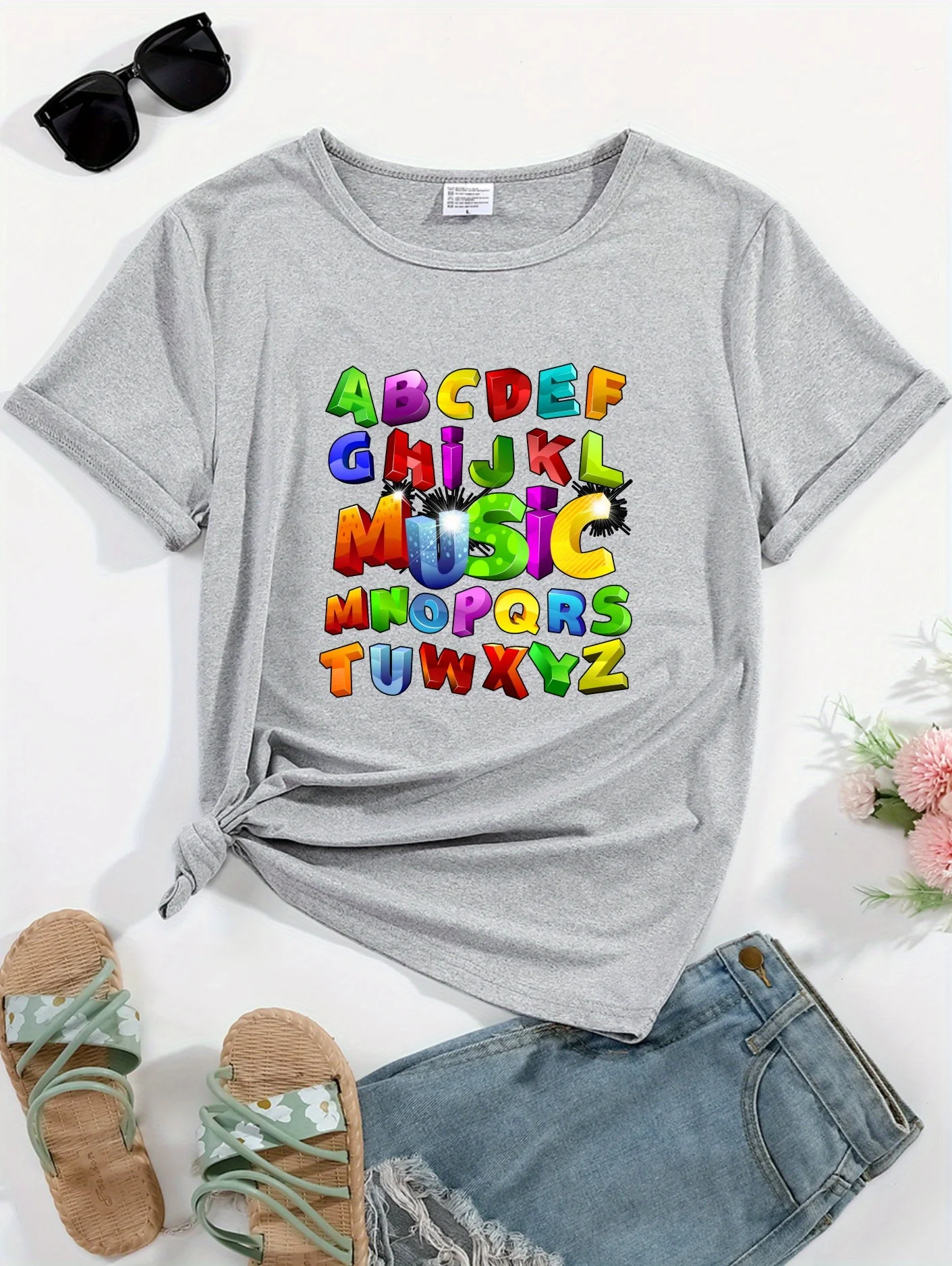 

Colorful Letter Graphic Round Neck Sports Tee, Short Sleeves Causal Workout Top, Women's Activewear