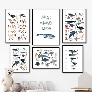 Under the Sea Whale Ocean Life Nursery Art Canvas Alphabet Animal Counting Wall Decor for Kids Room Posters Prints for Home