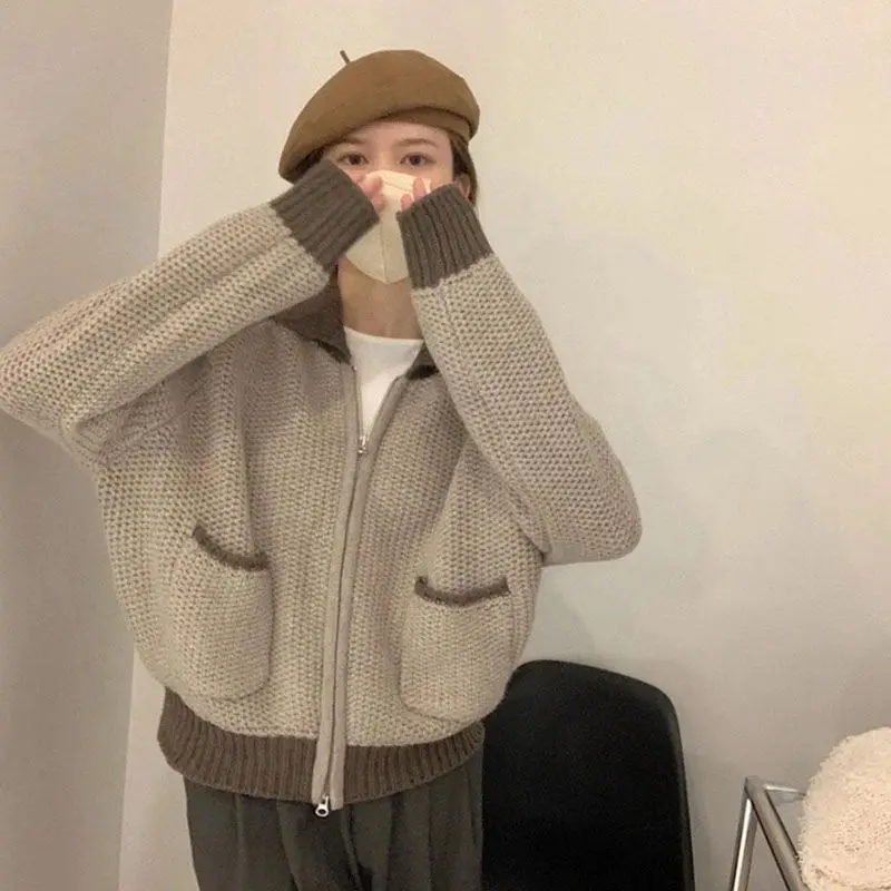 

Spring Autumn Women New Sweater Cardigan Polo Collar Zipper Pocket Casual Knitting Famale Korean Style Fashion Tops Coat K33