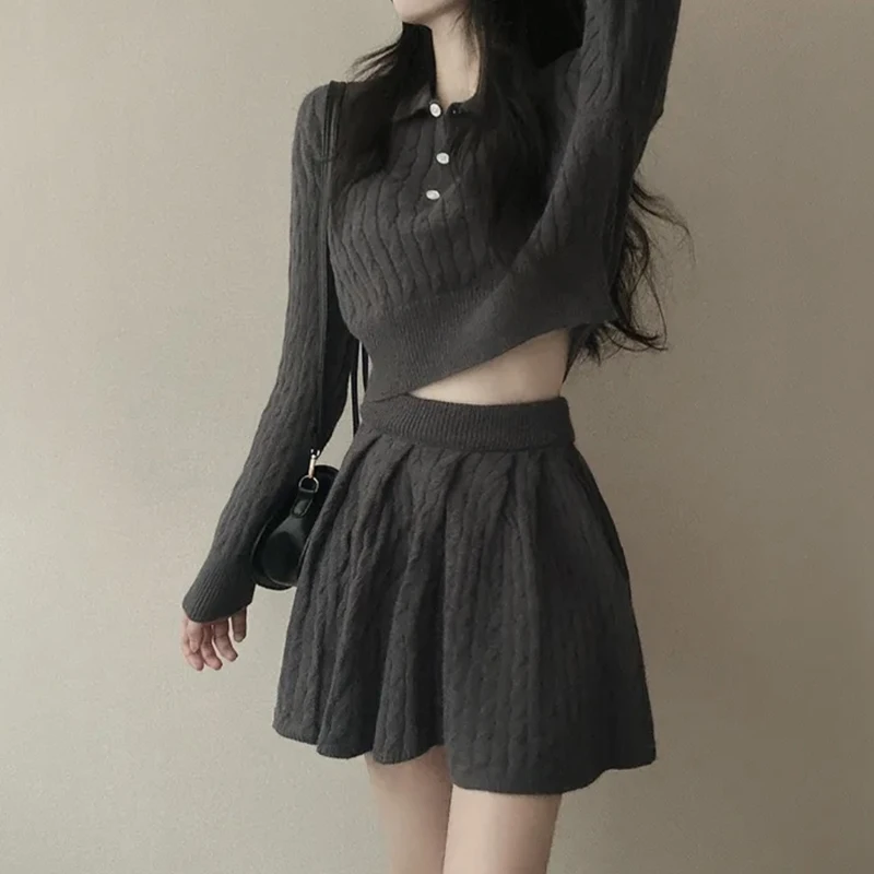 프레피 작은 자루 드레스 의상 여성 가을 짧은 트위스트 니트 스웨터 높은 허리 주름 스커트 투피스 세트 
