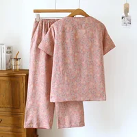 2026 Spring/Summer New Women's Pajama Set 100% Cotton Short Sleeve+Capris Two Piece Set for Large Flower Thin Home Furnishing - Image 3