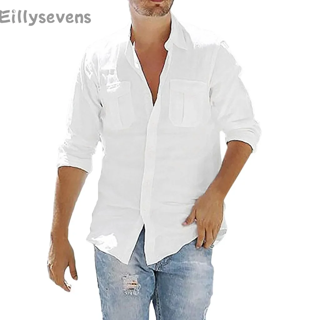 

shirts for men Slim fit Blouse pocket Business casual Spring Summer breathable cozy Cotton Linen Solid Color camisas de hombre