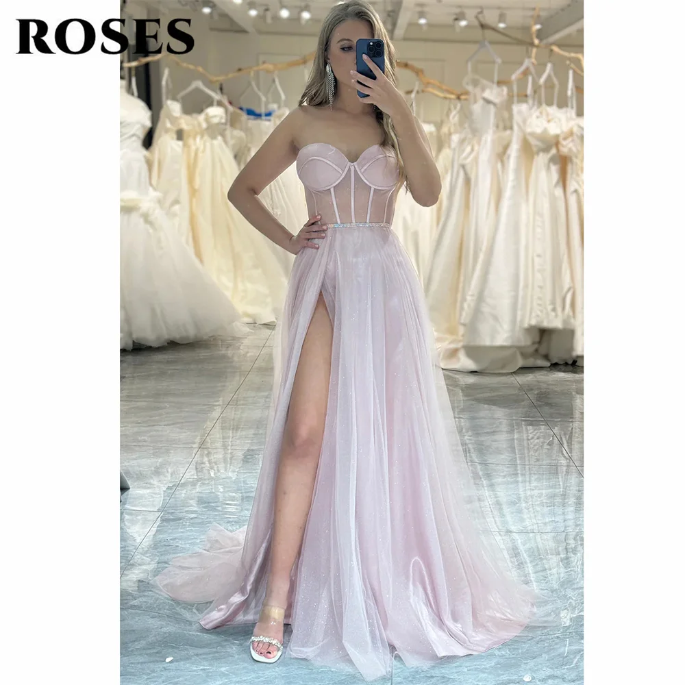 

ROSES Sparkly Pink Evening Dress Sweetheart Tulle فستان سهرة With Sheer Corset Prom Dress Appliqued Waist Side Split Party Dress