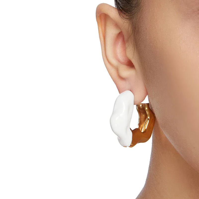 Gold Plated Brass Earrings Handmade Enamel Wavy Design 925 Silver Needle Hoop Earrings