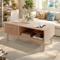 Table basse Fangange, table d'appoint, table de canapé, table de salon, panneau de porte en rotin respirant et pieds hauts, étagères de rangement ouvertes, patins antidérapants, pieds en bois massif, couleur bois naturel 2