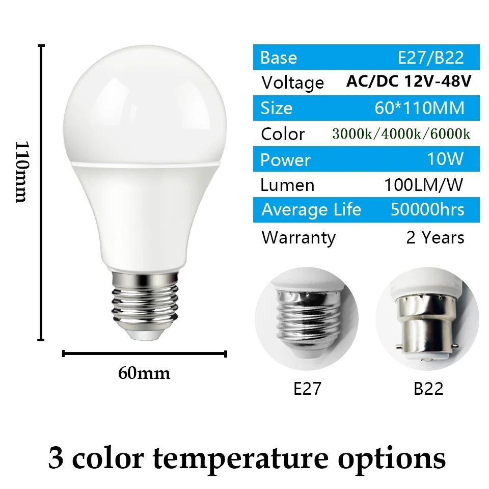 LED 저전압 AC DC 12V 24V 36V 48V 전구, 3W 5W 10W, 스트로브 없음, 슈퍼 브라이트 E27 B22, 태양 전지 전구에 적합, 1-10 개