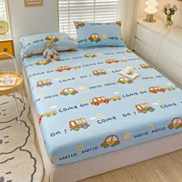 Cute Cartoon Car Fitted Sheet with 2 Pillow Case Cotton Lovely Vehicle Cars Bed Sheet Set for Kids Boys Light Blue Bed Cover 2