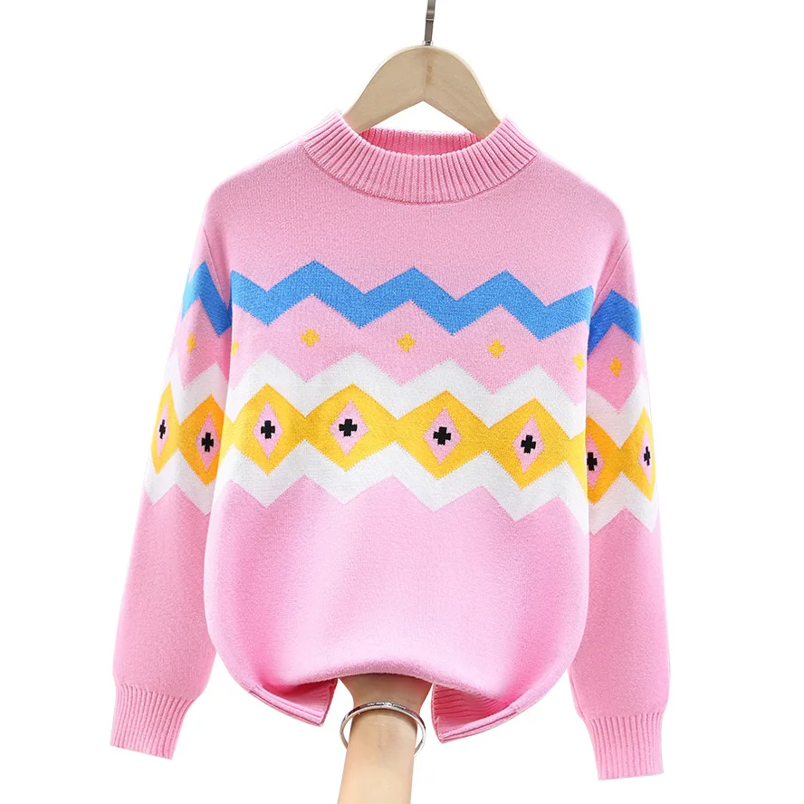 

Модные хлопковые свитера для девочек, Осень-зима 2024, жаккардовый узор, детские вязаные толстые теплые пуловеры с круглым вырезом, мягкие Пуловеры