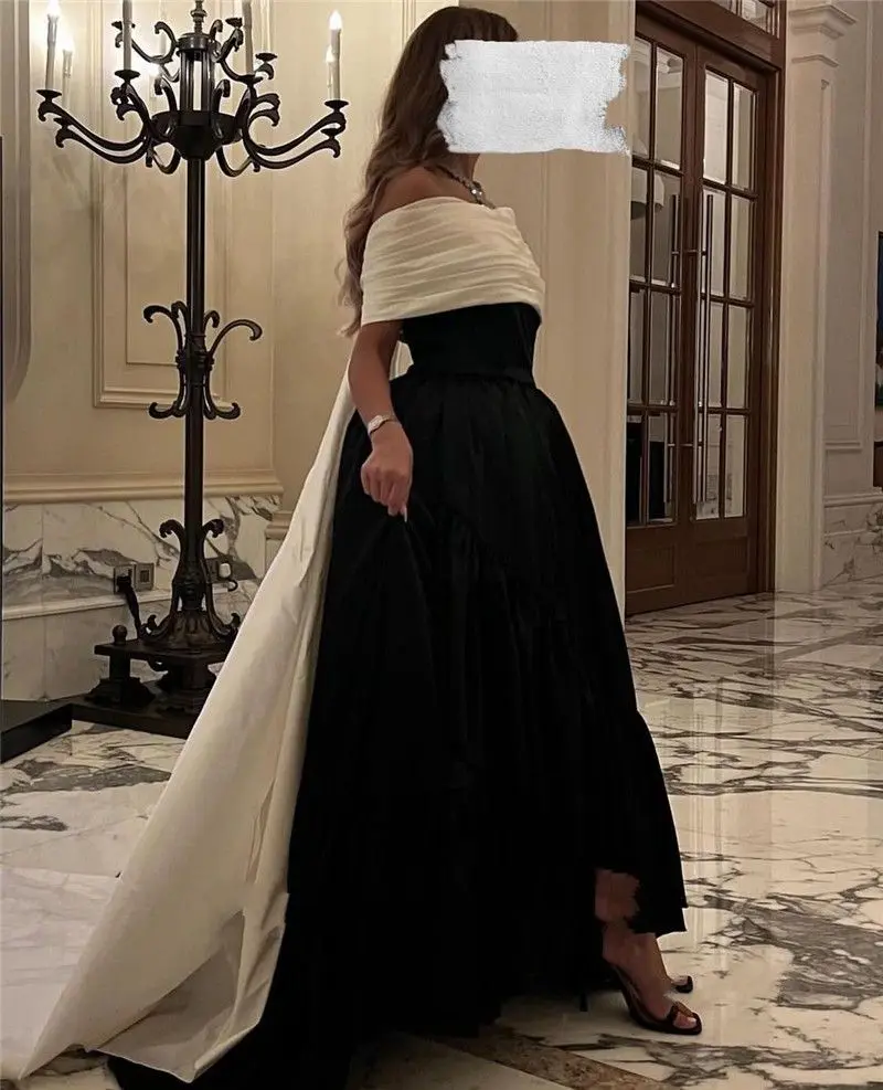 

Luxury Black White Satin Formal Long Evening Dresses Detachable Sweep Train Party Gown Vestido Saudi Arabric Prom Dress