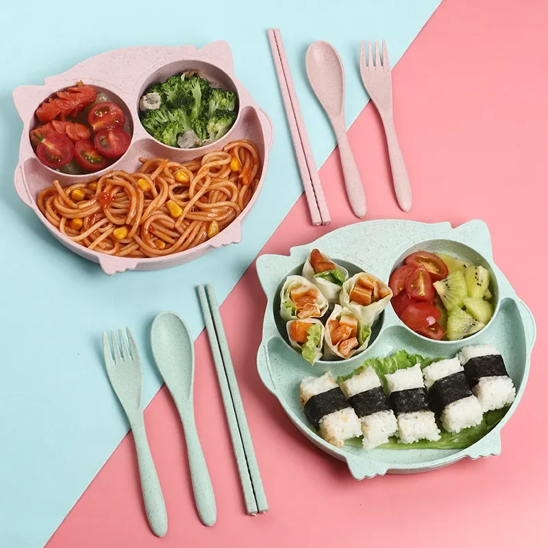 

Набор детской посуды с мультяшной совой для детского сада, кормления детей, столовая тарелка, миска, ложка, вилка, палочки для еды