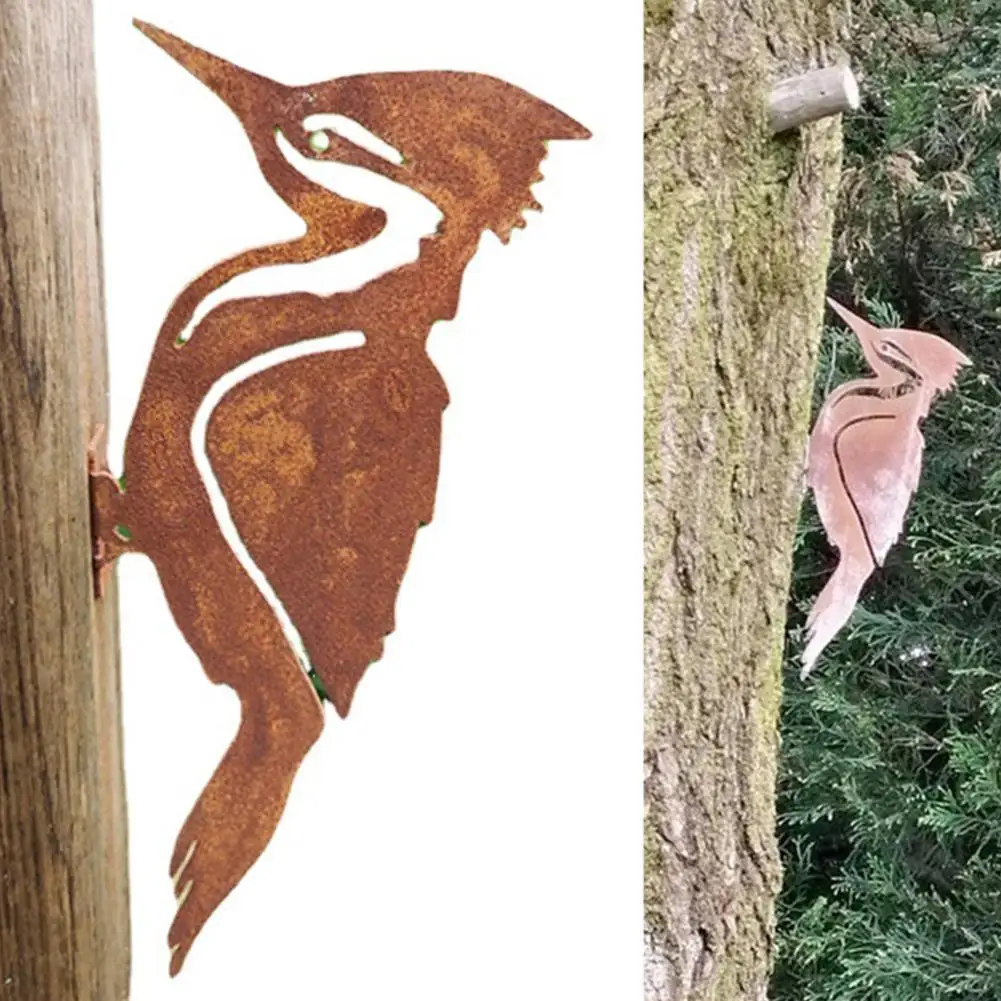 Garden Stake Design Pileated Bird Rusty Metal Silhouette Yard Lawn Tree Decor garden art decor animal sculpture decorations