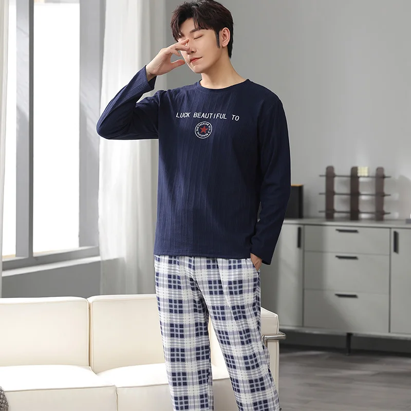 Man Pajamas Set Autumn Cotton Letter Striped Cartoon Casual Lounge Plus Size 3XL