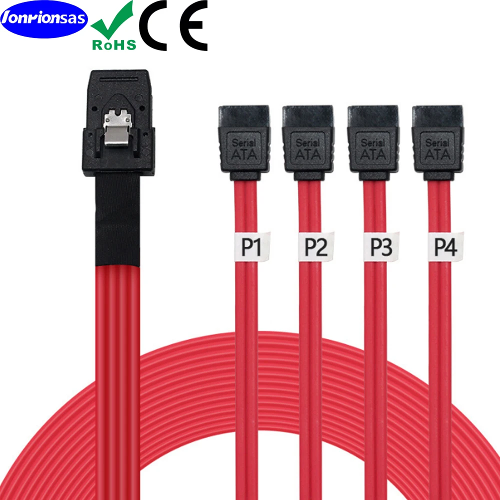 

Mini SAS SFF-8087 SAS to 4 x SATA 7P female with latch flat red Server connection high speed cable