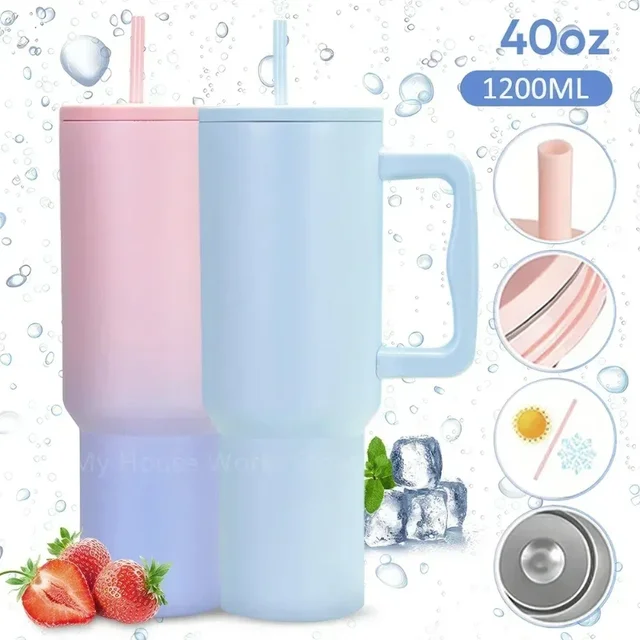 40oz Vacuum Thermos Cup Tumbler with Handle Lid Straw Stainless Steel Vacuum Mug Leak Proof Keep Cold Hot Travel Car Coffee Mug 6