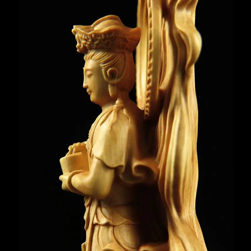 🌊 Wooden Sea-Crossing Guanyin Statue – Solid Wood Hand-Carved Feng Shui Figure (16cm) 5