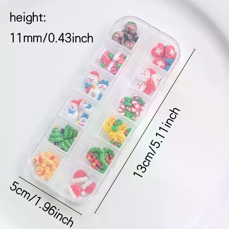 12 Grid 36/60 Pcs Kawaii Christmas 3D Nail Charms Snowman Xmas Tree Reindeer Santa Claus Resin Rhinestones Gems for Nail Decor