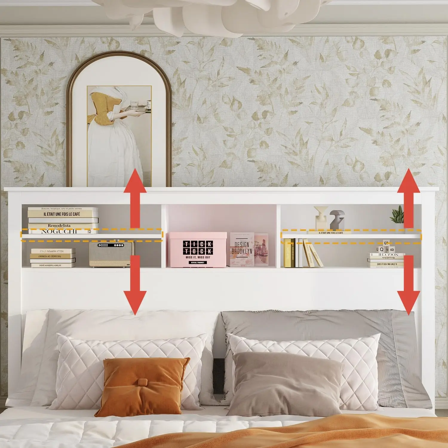Full/Queen Size Headboard with Adjustable Light, Wood Modern Headboard with 5 Storage Shelves, Bluetooth, Remote & USB Port for