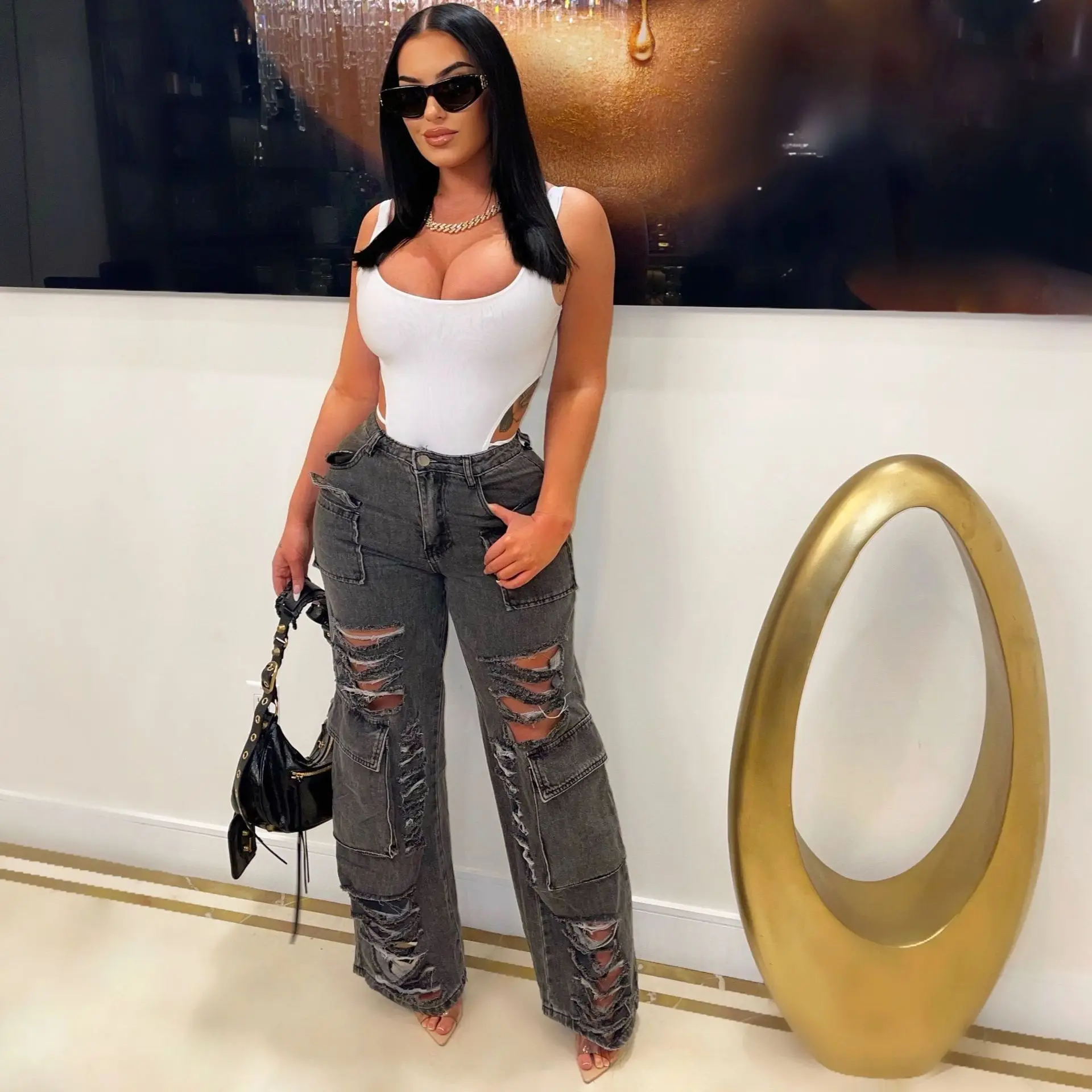 Ripped Denim Pocket Pants Baggy Jeans High Waist Cargo Y2K Streetwear Fashion 2023 Women Summer Trousers Denim Wide Leg Pants