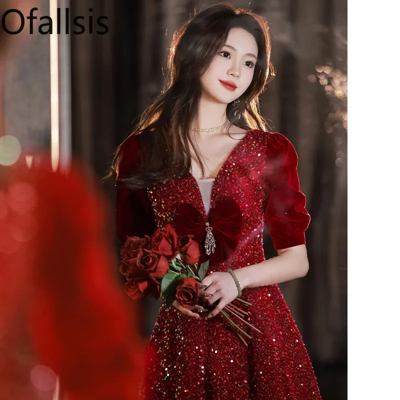 

Ofallsis V neck Bow Sequins Toast Dress 2023 Aummer Bride Engagement Wine Red Light Luxury Wedding Evening Dresses Thin Style