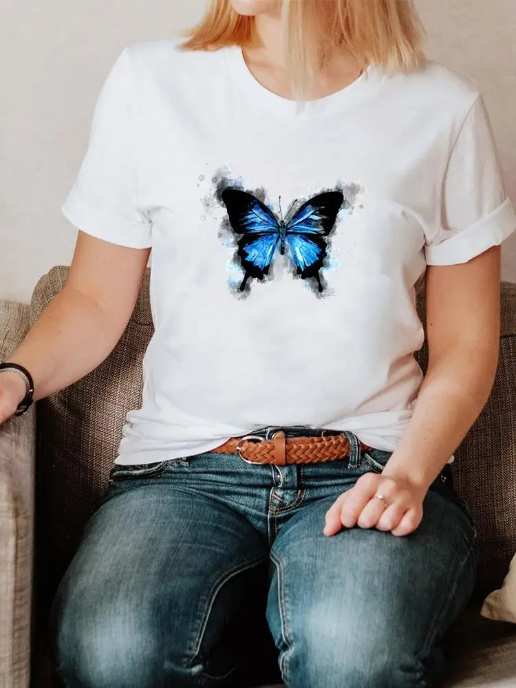 

Watercolor Butterfly Trend Cute Women Clothing Print T Shirt Fashion O-neck Short Sleeve Summer Clothes Graphic T-shirt Tee Top