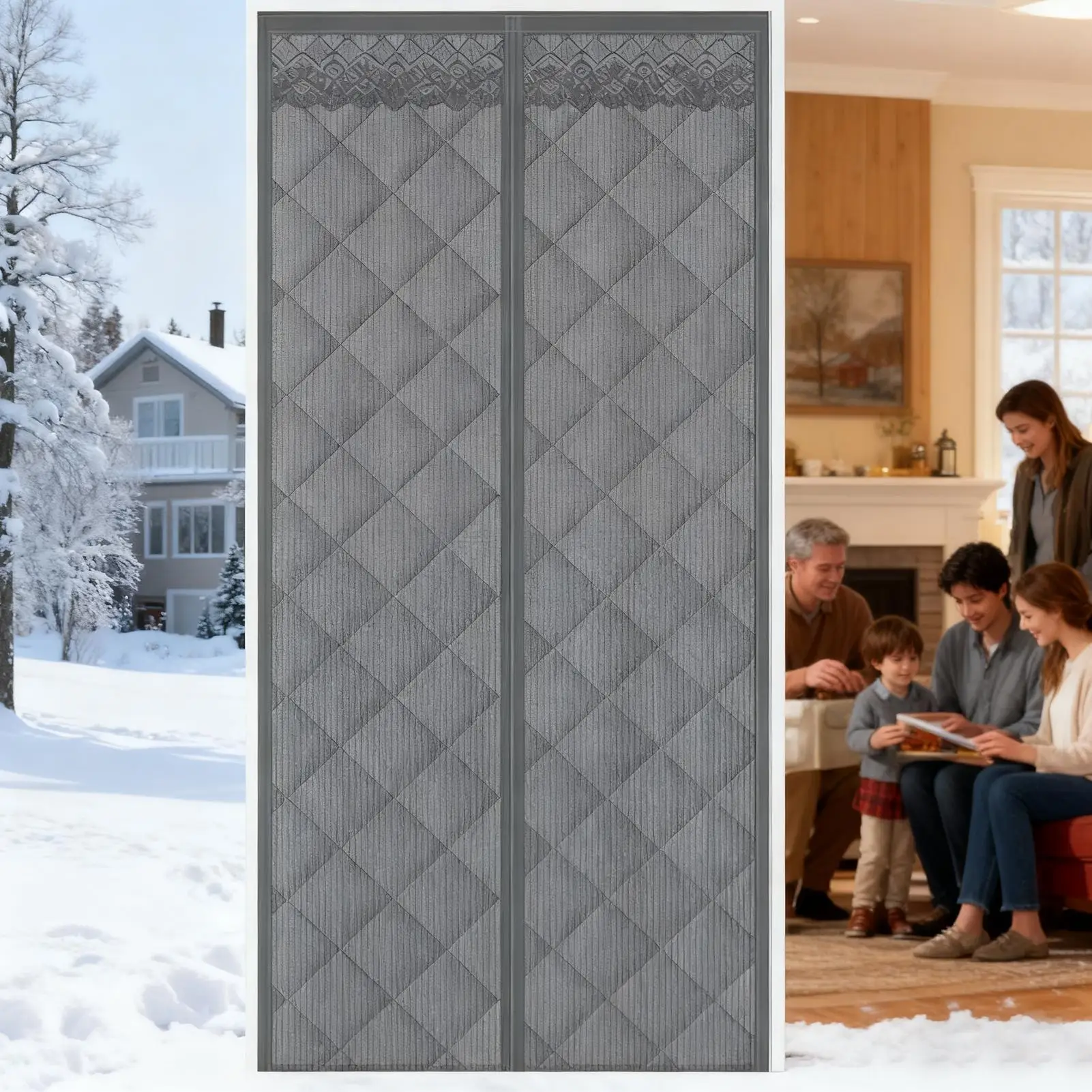 Door Insulation Cover Magnetic Thicken Barrier With Clear Window Weatherproof Temperature Protection Door Cover For Winter Home