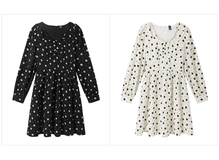 Dress Women Texture Fungus Edge Floral Dresses Temperament Autumn New Waist Square Collar Dress
