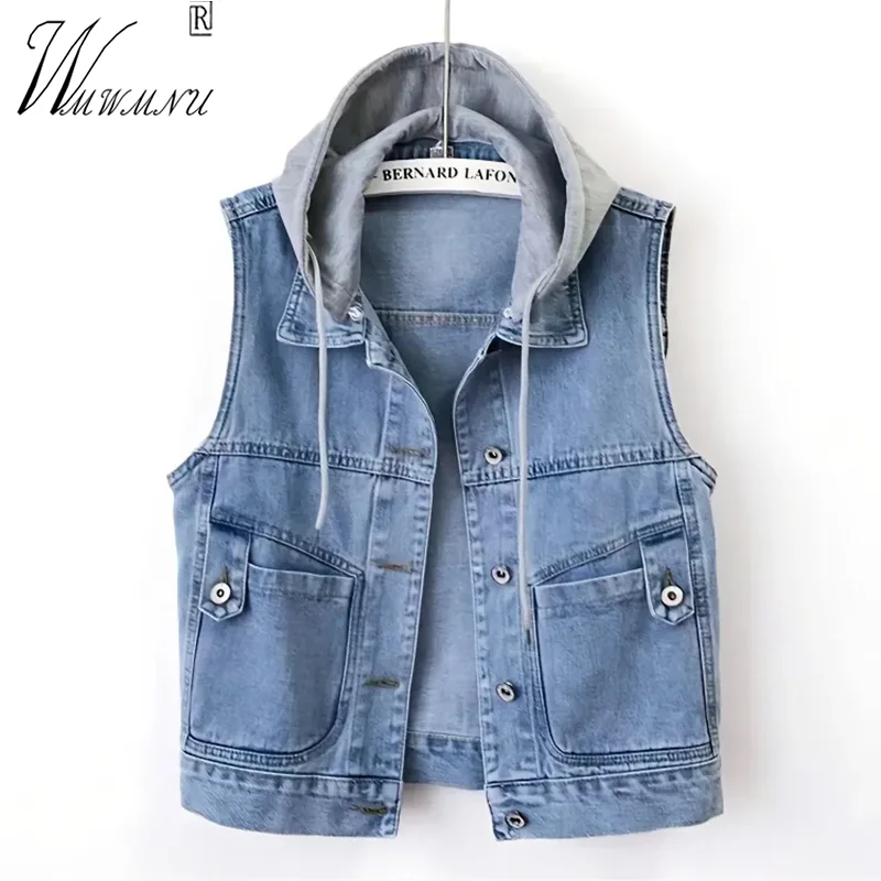 Women Patchwork Hooded Denim Vest Casual Detachable Hat Sleeveless Jackets Lapel Short Jean Chalecos Wash Blue Cowboy Waistcoat new fashion woman handbag accessory part round chain detachable replacement candy white red blue strap women shoulder diy chains