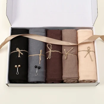 5pcs one set Hijab With Pins Muslim Jersey Hijab Scarf Long Shawls Plain Soft Turban Islamic Headscarf Wraps Islam Headband Gift
