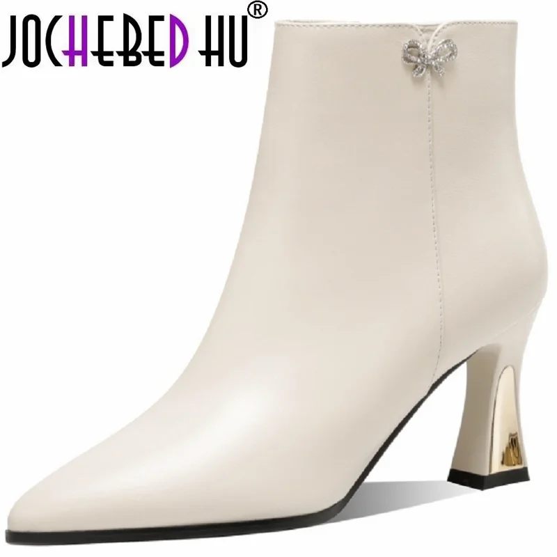 

【JOCHEBED HU】Brand Cow Leather Pointed Toe High Heels Chic Design Concise Winter Spring Shoe Dress Warm Wedding Ankle Boot 33-41