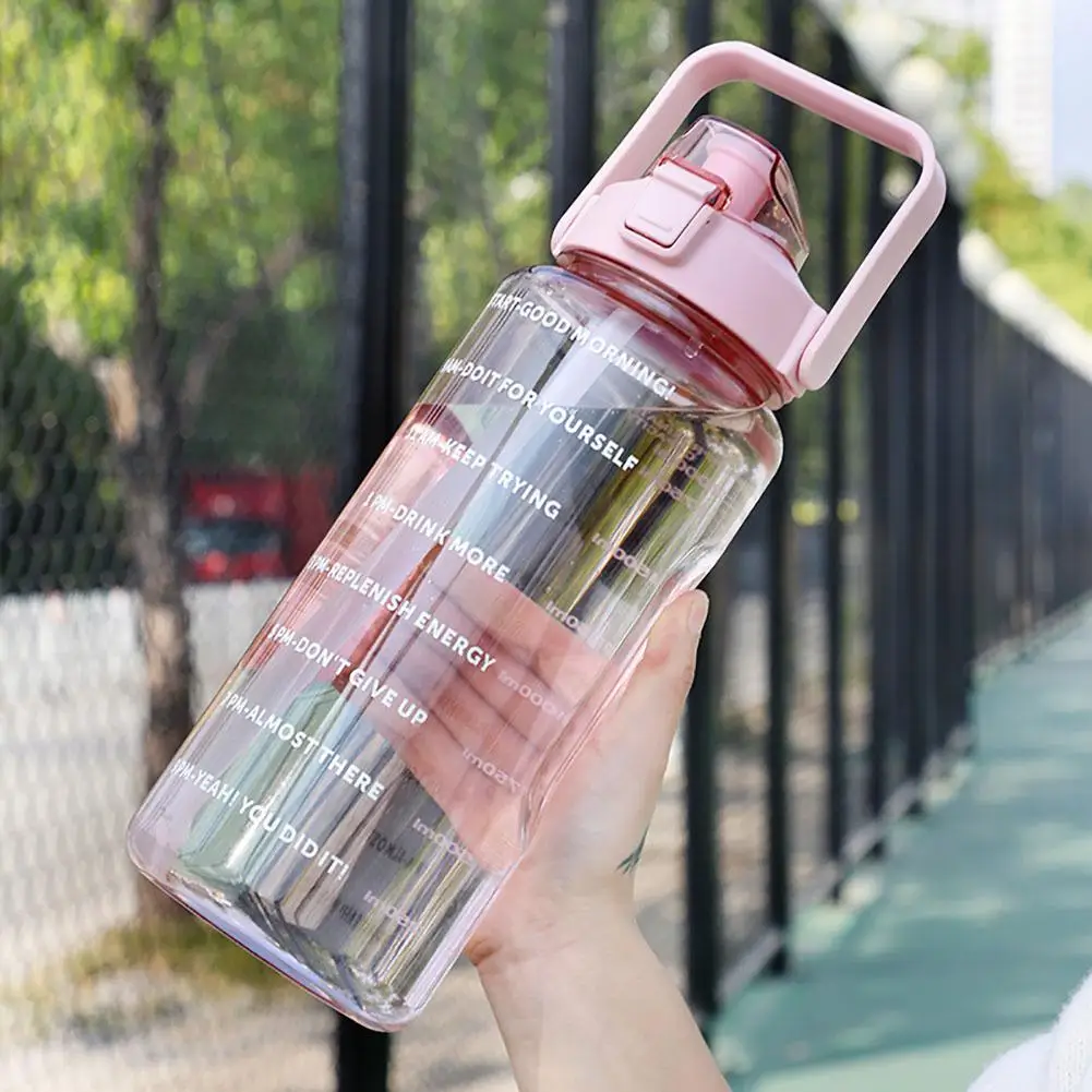 Portable Sports Straw Water Bottle With Time Marker 2L Large Capacity Water Cup Water Jug With Handle