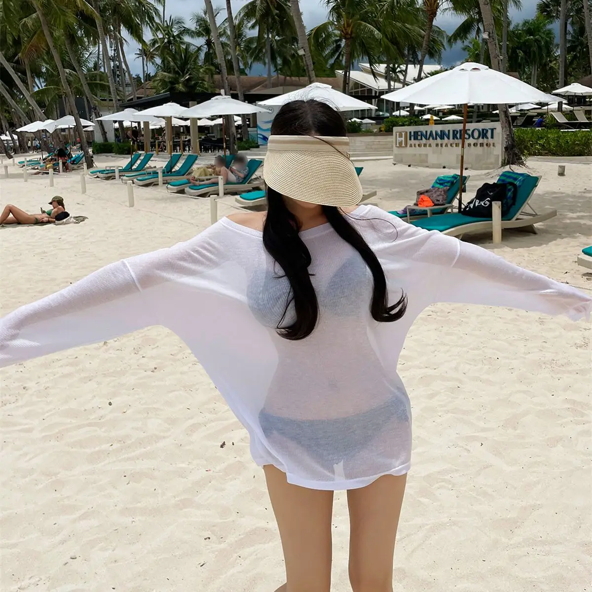 Bikini Swimsuit Cover up Women's Loose Thin Outerwear Casual Sle Long Sve One oulder T Top for Beach Vaion - 2