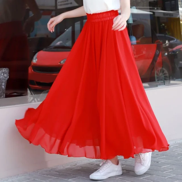 Jupe Maxi Fluide En Mousseline De Soie Blanche - Style Bohème, Taille élastique Plissée - Femme