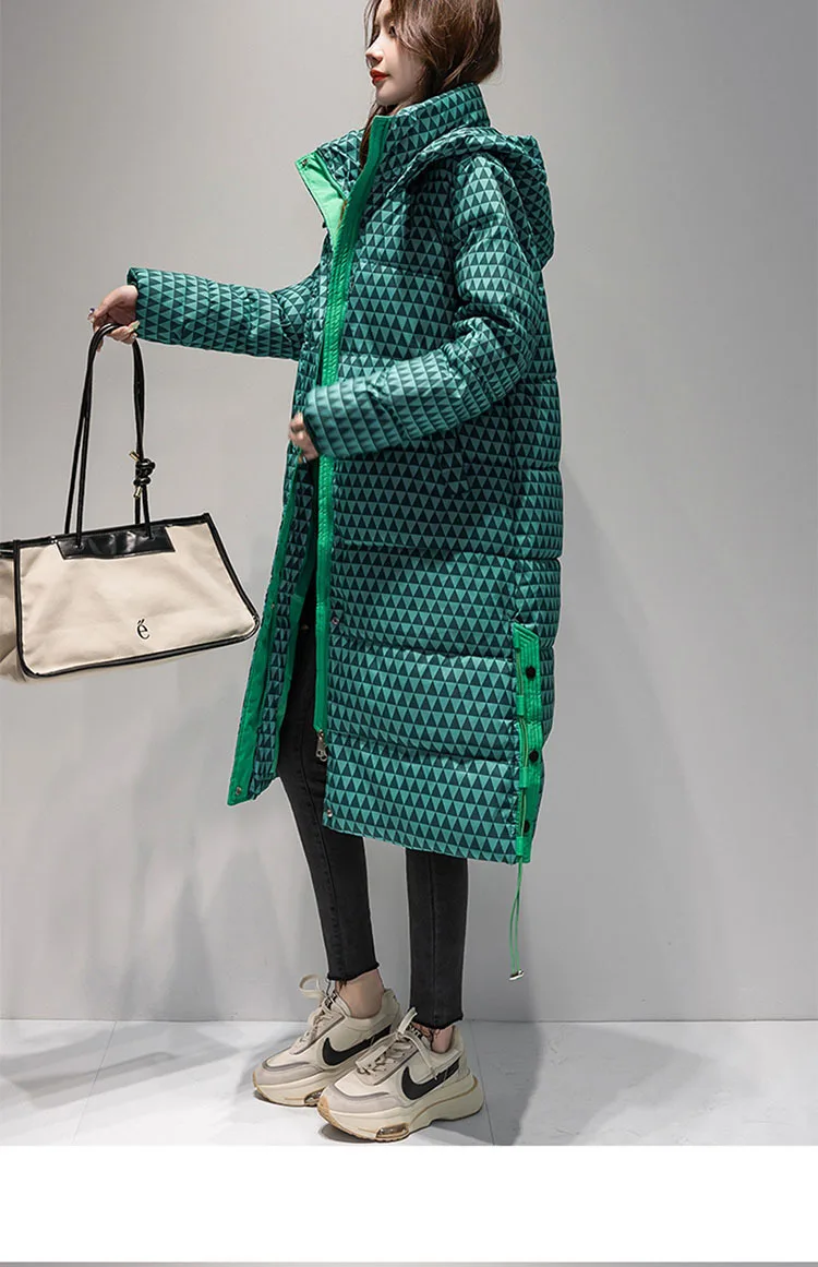 2023 Winter Warm  Plaid Long  Coat Women ' s Fashion Thicken Hooded Puffer Jacket Female Windproof Warm Outwear