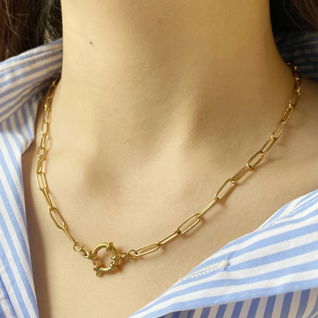 Anchor Adjuatable Clasp Necklace for Women 316L Stainless Steel 45cm Paperclip Chain ReaLong Link Collares 5