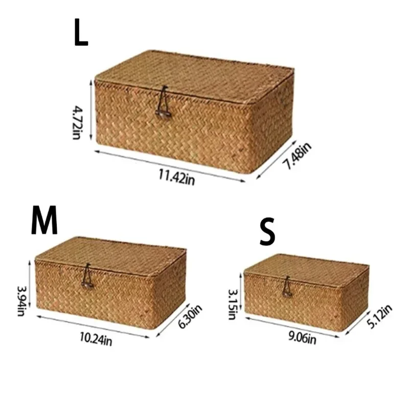 Shelf Baskets with Lid Set of 3 Handwoven Seagrass Storage Box Wicker Basket Desktop Makeup Organizer Multipurpose Container 2