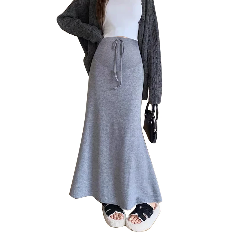 Korean Style Maternity Knitting Dress High Waist Drawstring Fashion Pregnant Woman Fishtail Skirt Slim Pregnancy Maxi Skirt 88cm