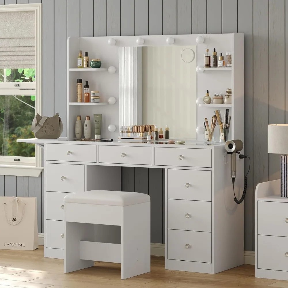 Makeup Vanity with Mirror and 10 LED Lights,9 Drawers Makeup Table with 4 Shelves,Fold-up Panel,Vanity Set 3 Lighting Modes 2