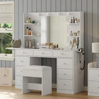 Makeup Vanity with Mirror and 10 LED Lights,9 Drawers Makeup Table with 4 Shelves,Fold-up Panel,Vanity Set 3 Lighting Modes 2