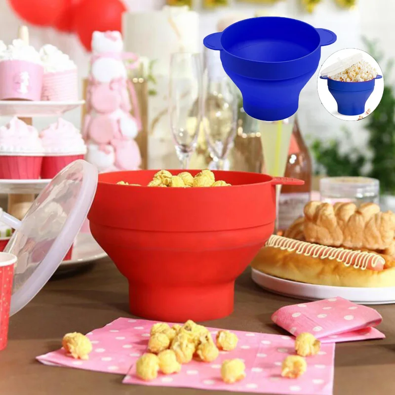 DIY Microwave Popcorn Bowl Bucket Silicone Red Popcorn Maker with Lid
