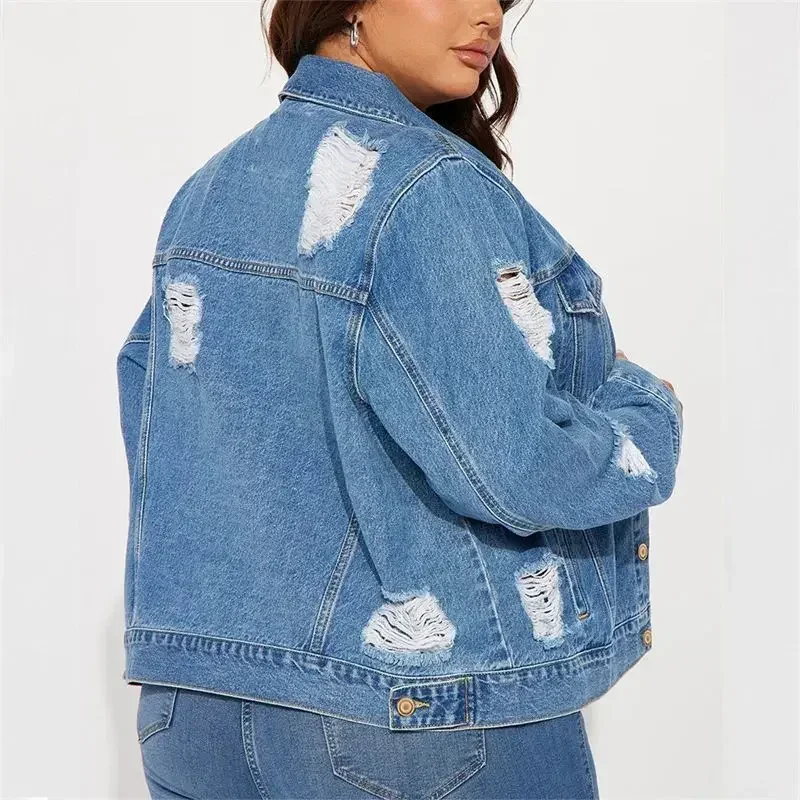 Women Fashion Broken Holes Denim Jacket Casual Vintage Single-breasted Cardigan Coat Autumn Winter Daily Casual Female Outerwear - Image 6