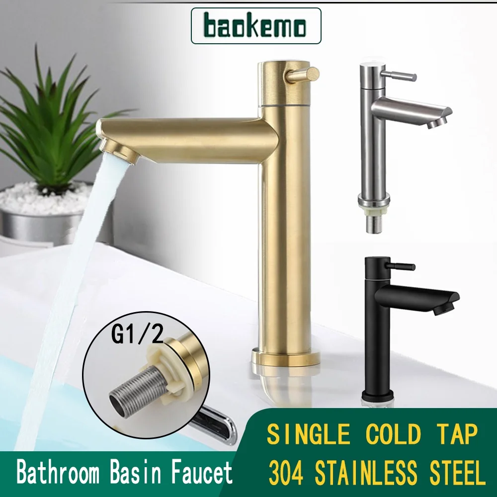 1/2Inch 304 Stainless Steel Single Cold Water Basin Faucet Deck Mounted Sink Faucet basin faucet