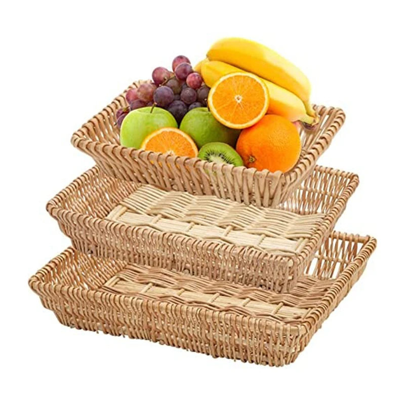 3 Pack Rectangular Woven Fruit Baskets,wicker Bread Basket Serving Trays Rattan Storage Baskets