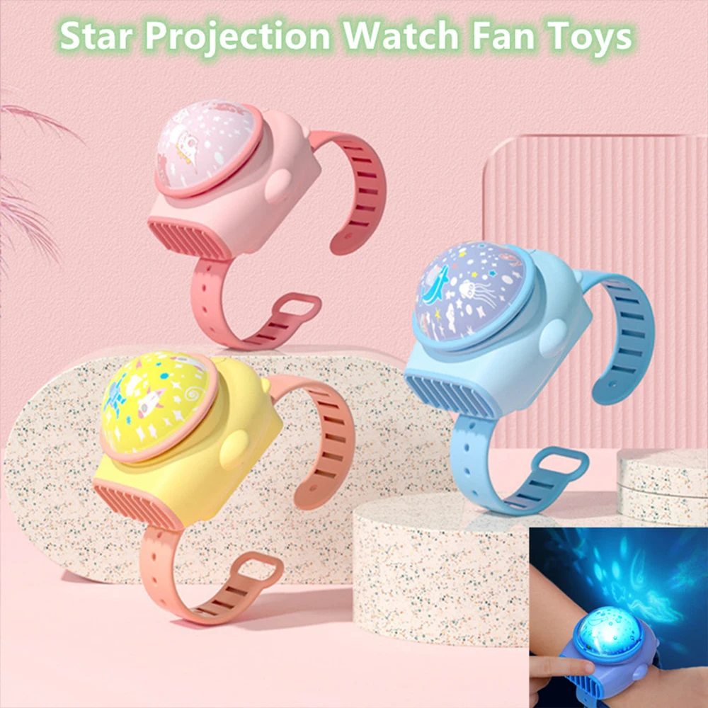 

Star Projection Fan Watch USB Rechargeable Toy Wrist Strap Bladeless Cartoon Watch Fan for Kids Mini Cooler Children's Gifts