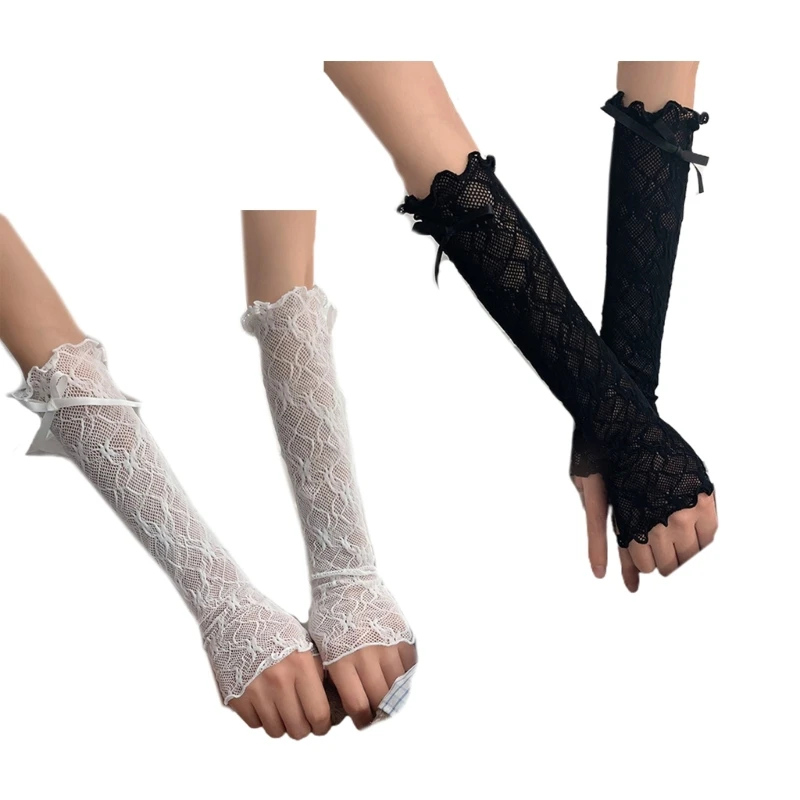 

50JB 30CM Women Arm Sleeves UV Protection Lace Arm Warmers Fingerless Long Gloves