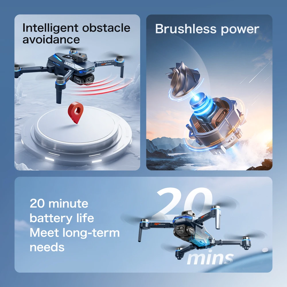 Vue de face du drone en vol, avec les lumières LED allumées, ciel bleu dégagé, démonstration de stabilité.