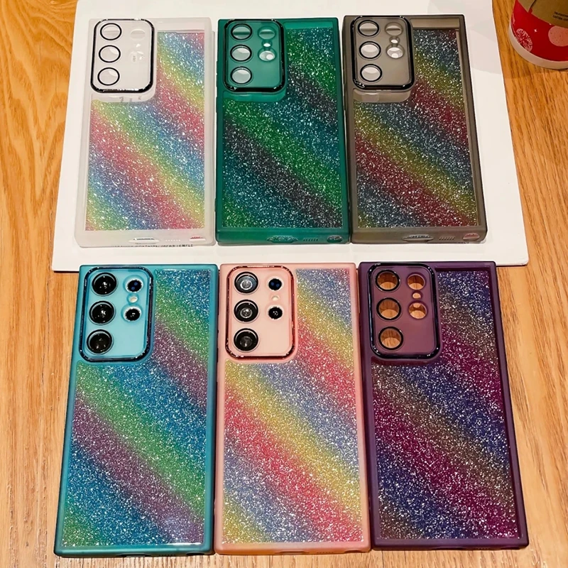 Rainbow Glitter Clear Silicone Case For Samsung Galaxy A15 A25 A35 A55 A05 A14 A34 A54 A52 A13 A33 With Lens Film Cover_voghion.com