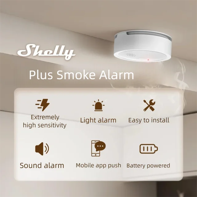 Shelly Plus Smoke Alarm Wi-Fi สมาร์ท Photoelectric Smoke Alarm มีประสิทธิภาพตรวจจับช้ายิงที่ตัวบ่งชี้ LED Ioud นาฬิกาปลุก 1