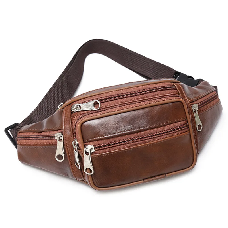 Genuine Leather Men's Chain Waist Pack - Stylish Belt Bag with Phone Pouch