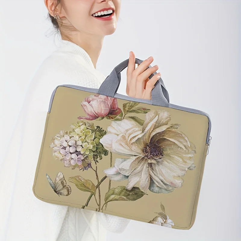 1-piece set, flower patterned laptop bag, briefcase, suitable for 14 inch laptops, fixed laptop bag